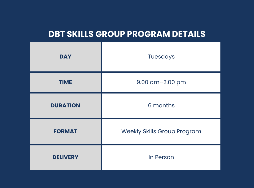 The timetable for the DBT skills group program